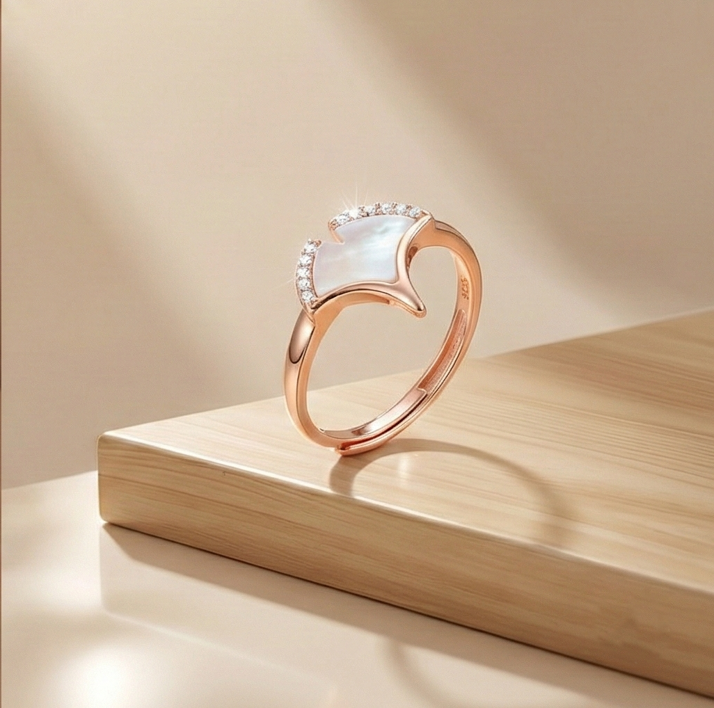 925 Sterling Silver Gingko Leaf Mother of Pearl Ring Jewellery for Women - Rose Gold Plated