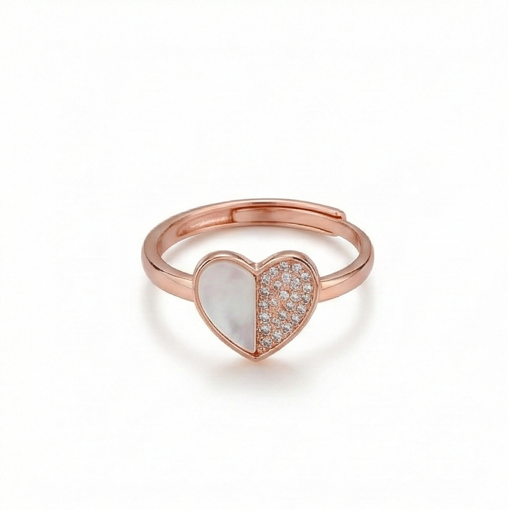 925 Sterling Silver White Enamel Heart Ring Jewellery for Women with Rose Gold Finish
