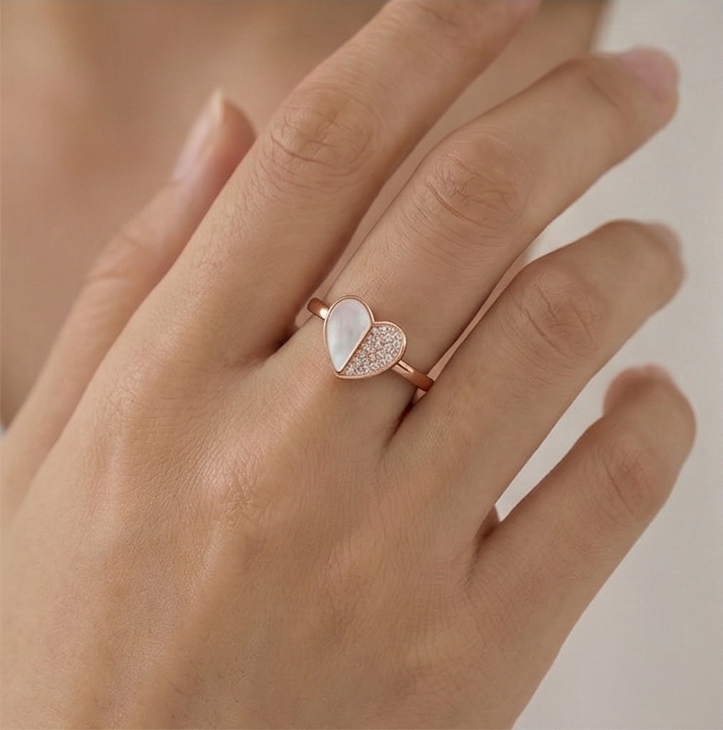925 Sterling Silver White Enamel Heart Ring Jewellery for Women with Rose Gold Finish