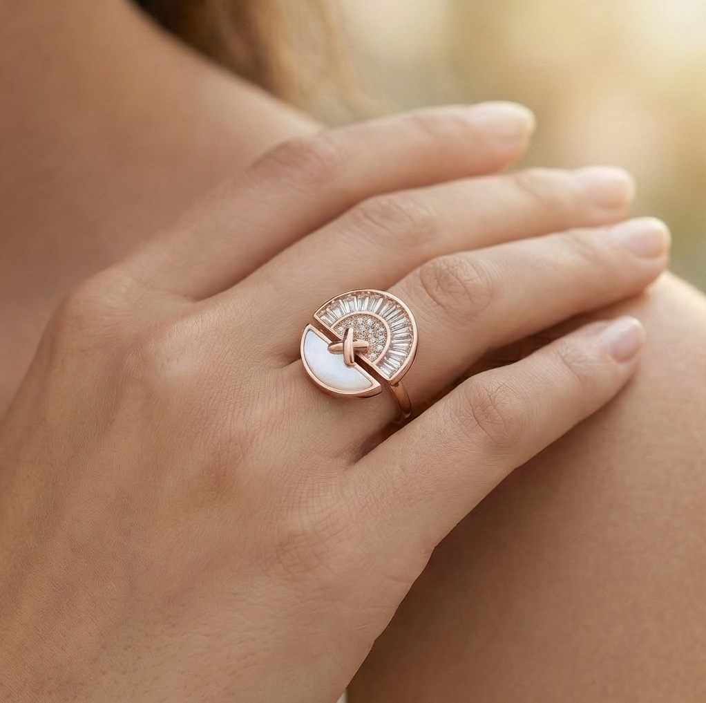 925 Sterling Silver Sunburst Fan Design Ring Jewellery for Women - Rose Gold Finish