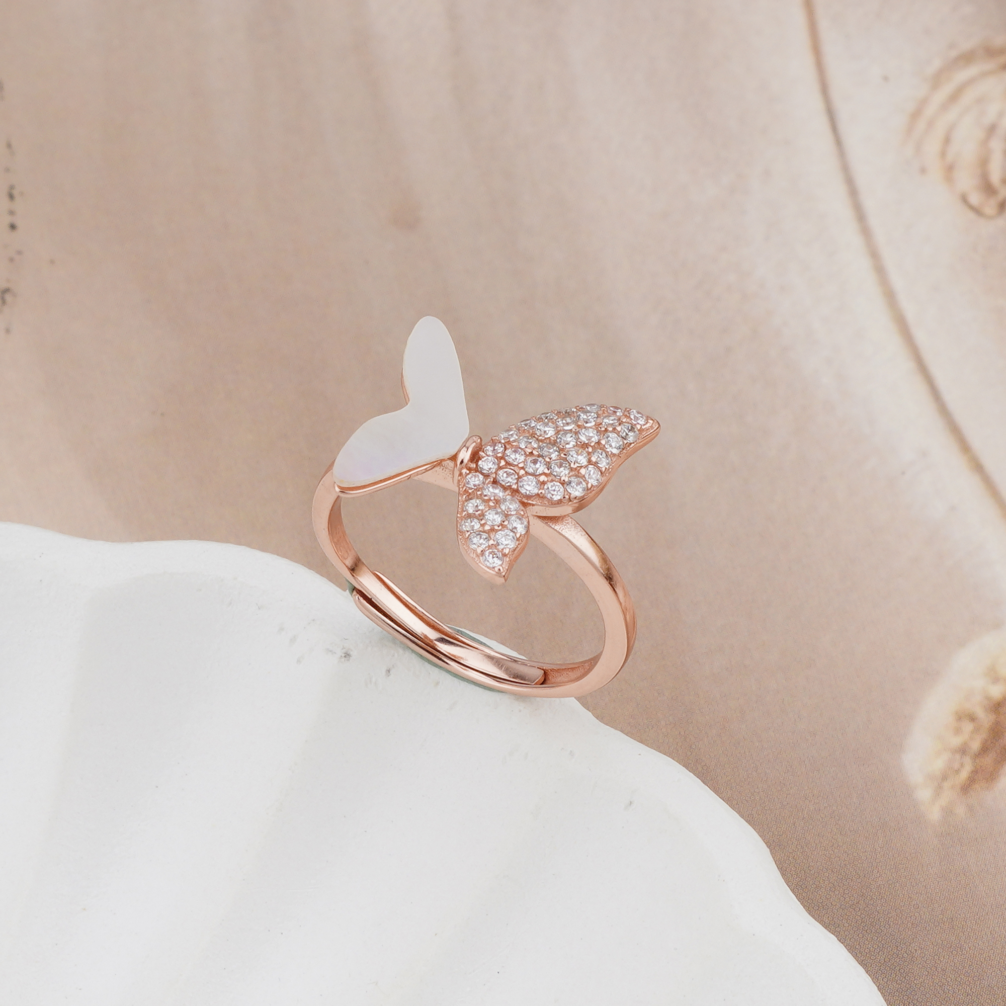 925 Sterling Silver Enamel Inlay Butterfly Design Ring Jewellery for Women with Rose Gold Finish