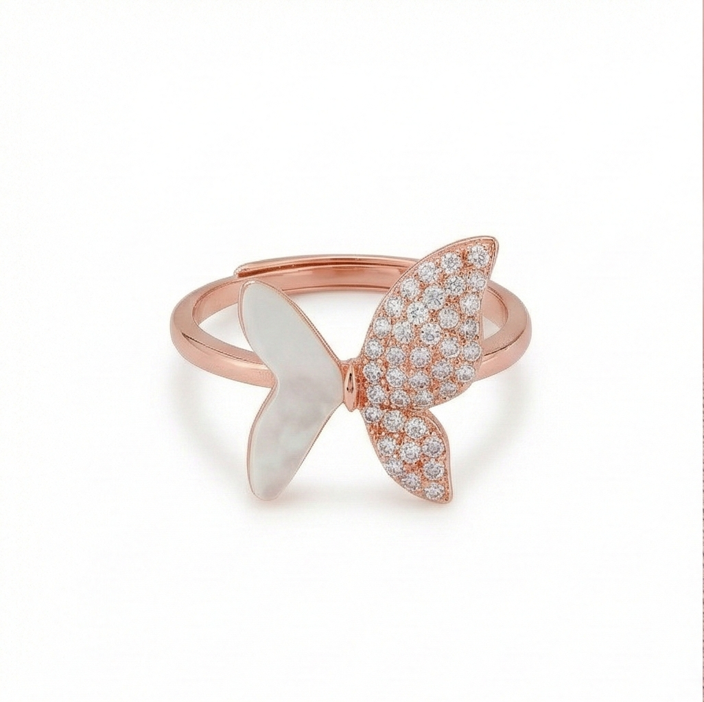 925 Sterling Silver Enamel Inlay Butterfly Design Ring Jewellery for Women with Rose Gold Finish