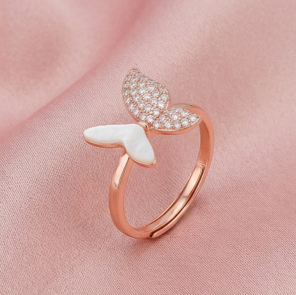 925 Sterling Silver Enamel Inlay Butterfly Design Ring Jewellery for Women with Rose Gold Finish
