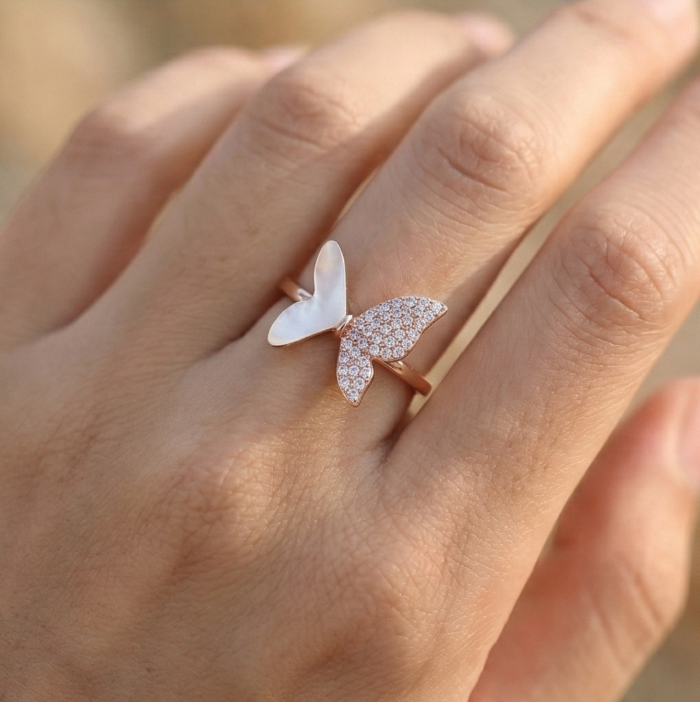 925 Sterling Silver Enamel Inlay Butterfly Design Ring Jewellery for Women with Rose Gold Finish