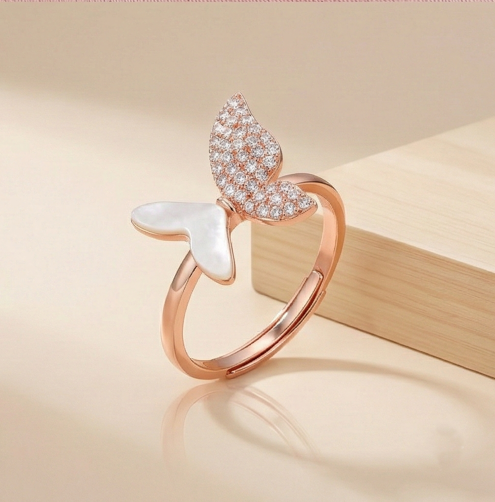 925 Sterling Silver Enamel Inlay Butterfly Design Ring Jewellery for Women with Rose Gold Finish
