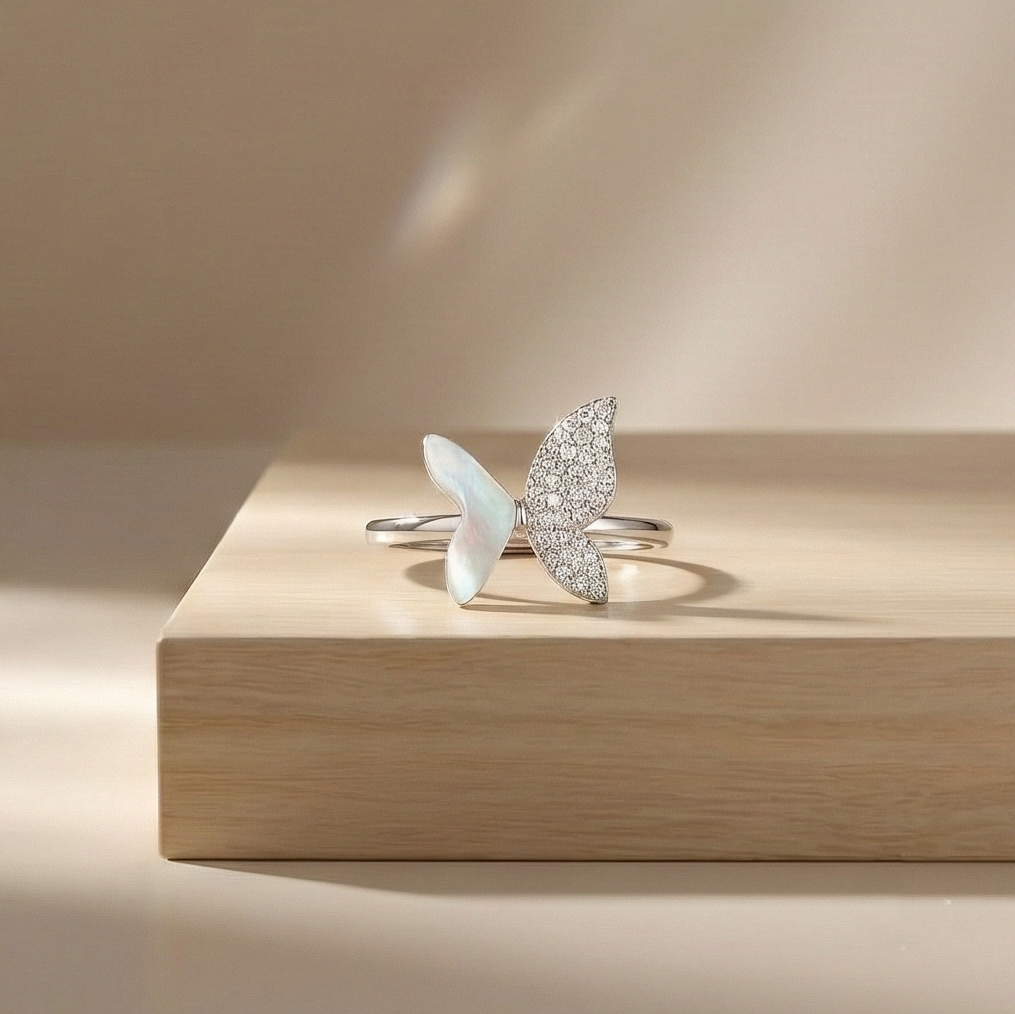 925 Sterling Silver Asymmetrical Butterfly Ring Jewellery for Women & Girls - High Polish Rhodium Finish