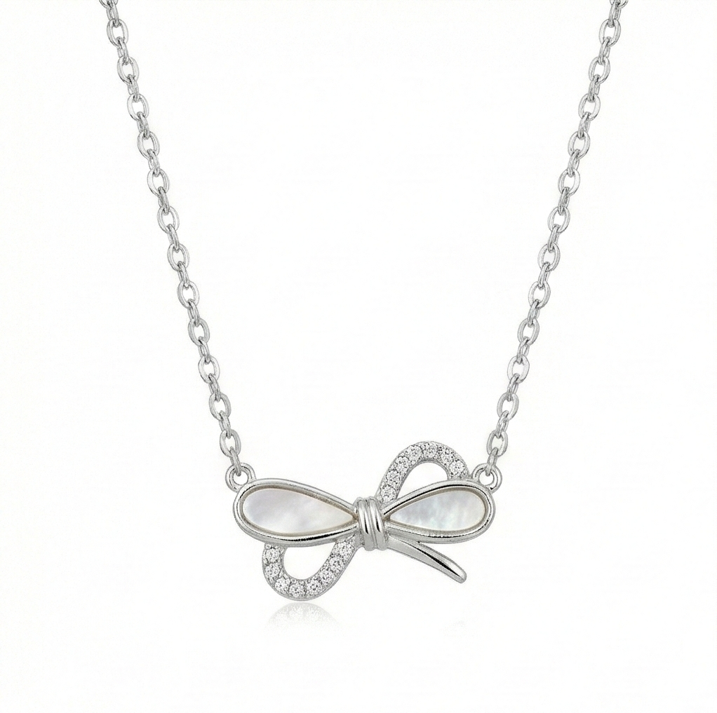 925 Sterling Silver Bow Ribbon Knot with MOP Inlay Necklace Jewellery for Women & Girls