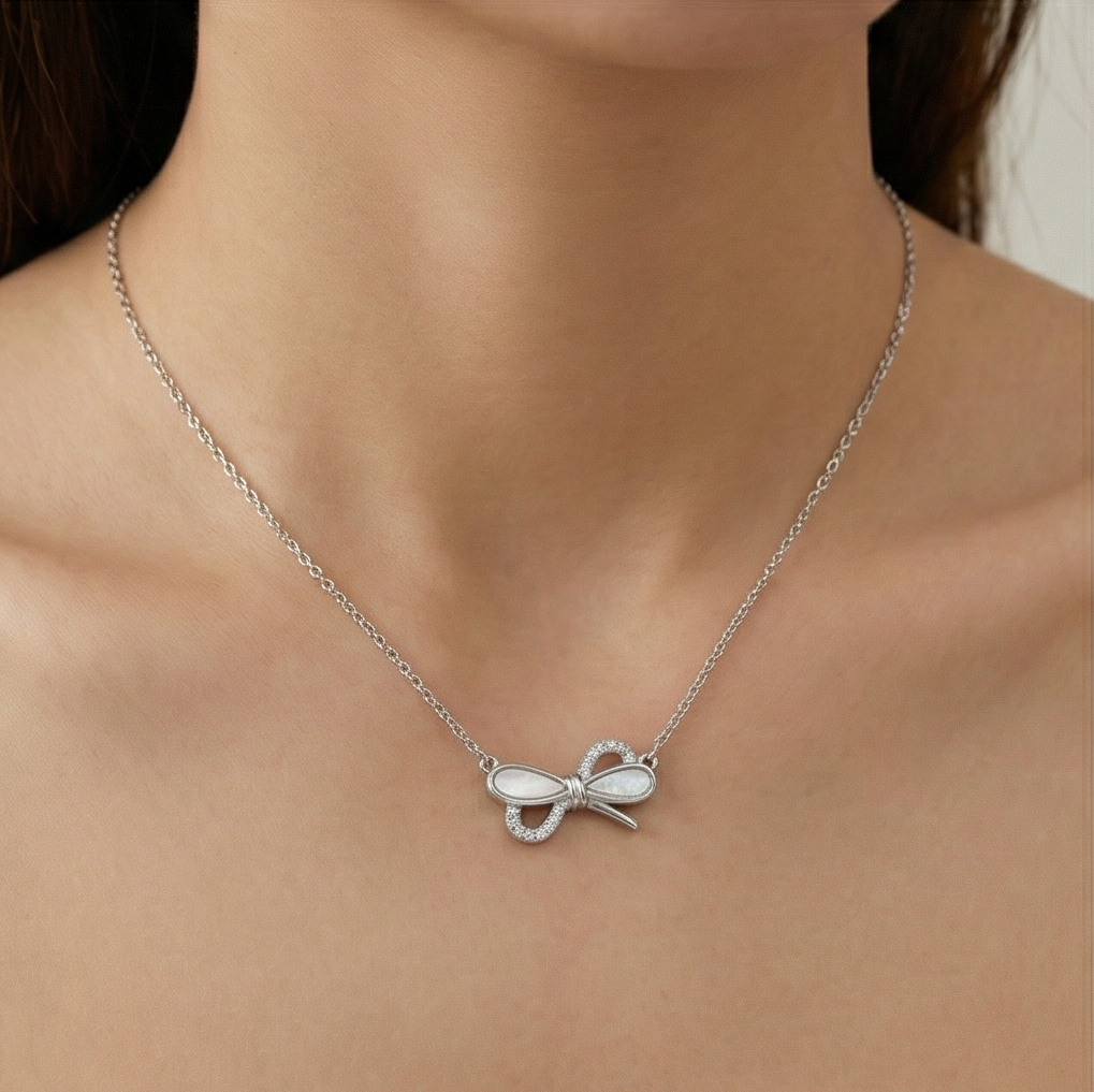 925 Sterling Silver Bow Ribbon Knot with MOP Inlay Necklace Jewellery for Women & Girls