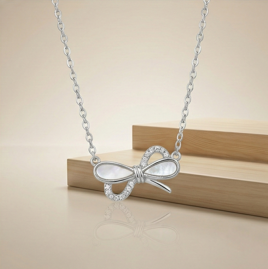 925 Sterling Silver Bow Ribbon Knot with MOP Inlay Necklace Jewellery for Women & Girls