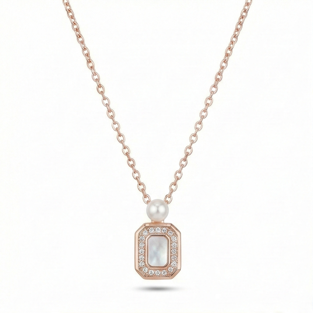 925 Sterling Silver Rose Gold Plated MOP Rectangular Pearl Accent Necklace Jewellery for Women