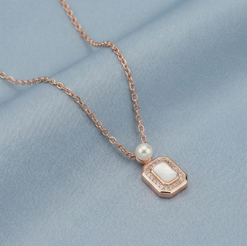 925 Sterling Silver Rose Gold Plated MOP Rectangular Pearl Accent Necklace Jewellery for Women
