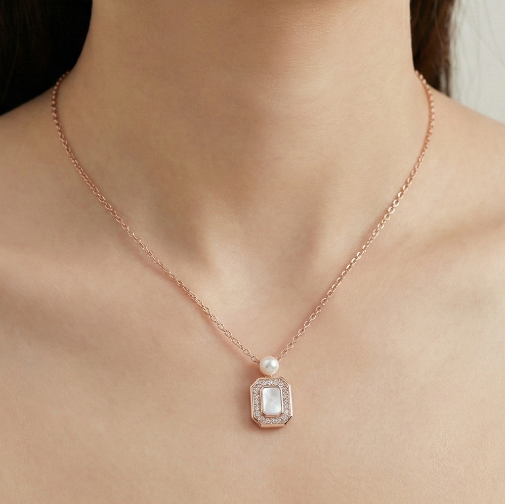925 Sterling Silver Rose Gold Plated MOP Rectangular Pearl Accent Necklace Jewellery for Women