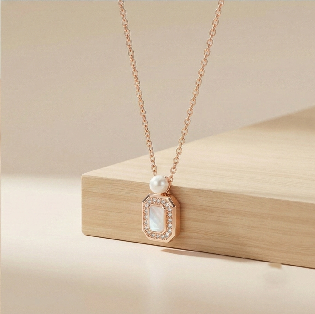 925 Sterling Silver Rose Gold Plated MOP Rectangular Pearl Accent Necklace Jewellery for Women