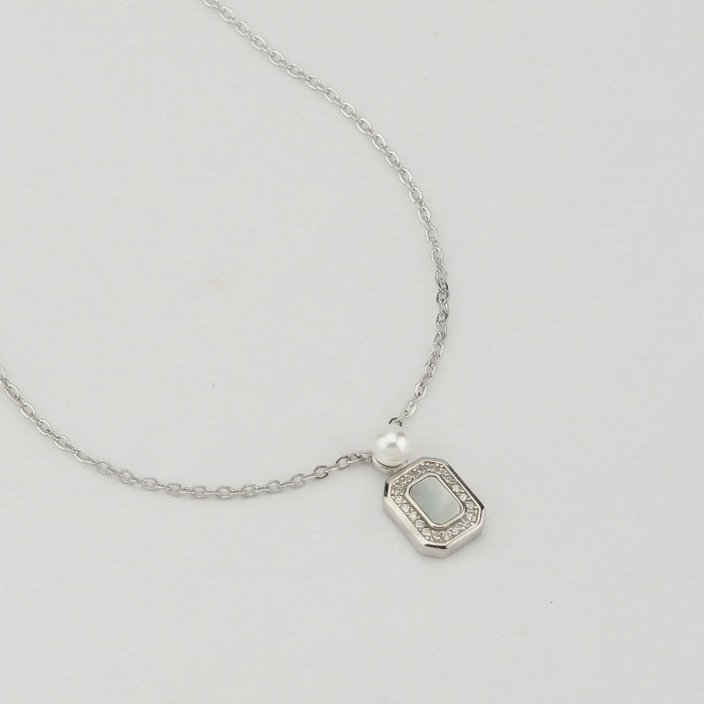 925 Sterling Silver Geometric Rectangular Pendant with Pearl Accent & MOP Inlay Jewellery for Women