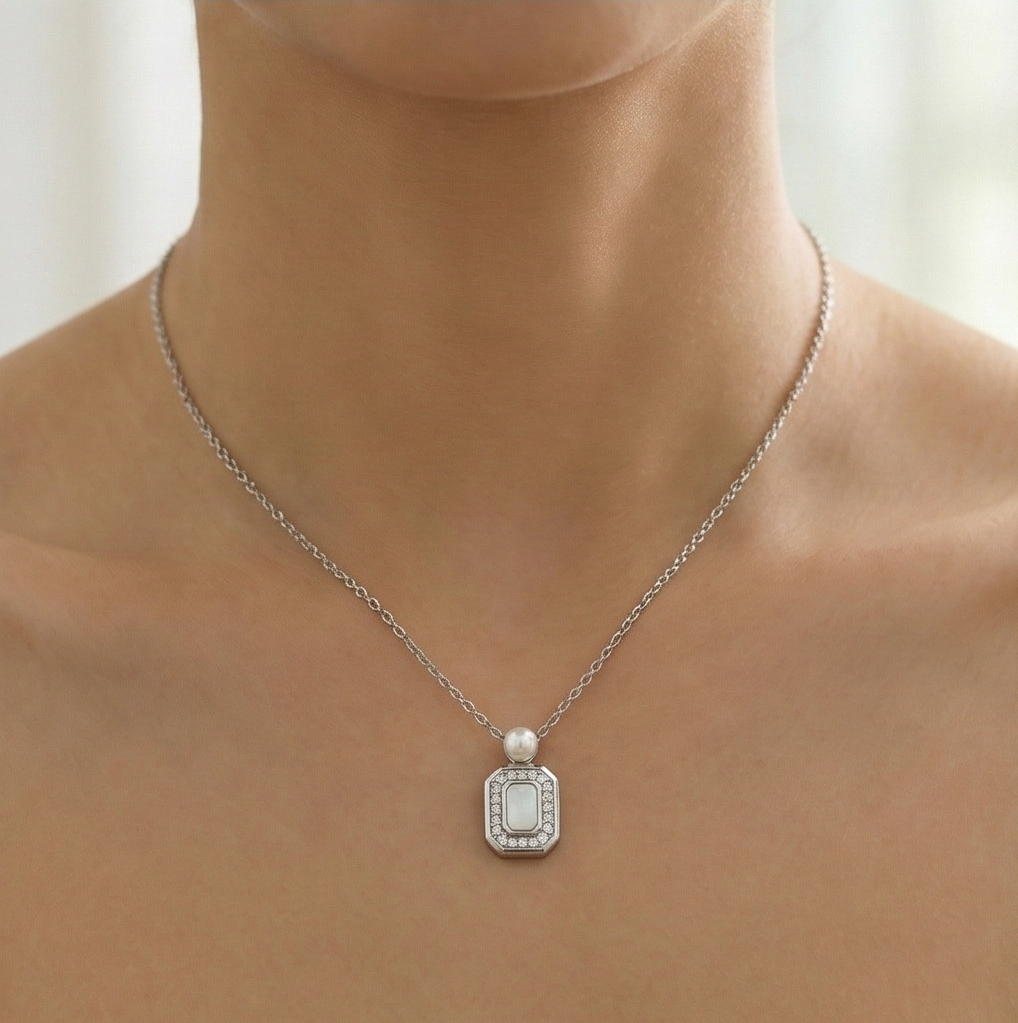 925 Sterling Silver Geometric Rectangular Pendant with Pearl Accent & MOP Inlay Jewellery for Women