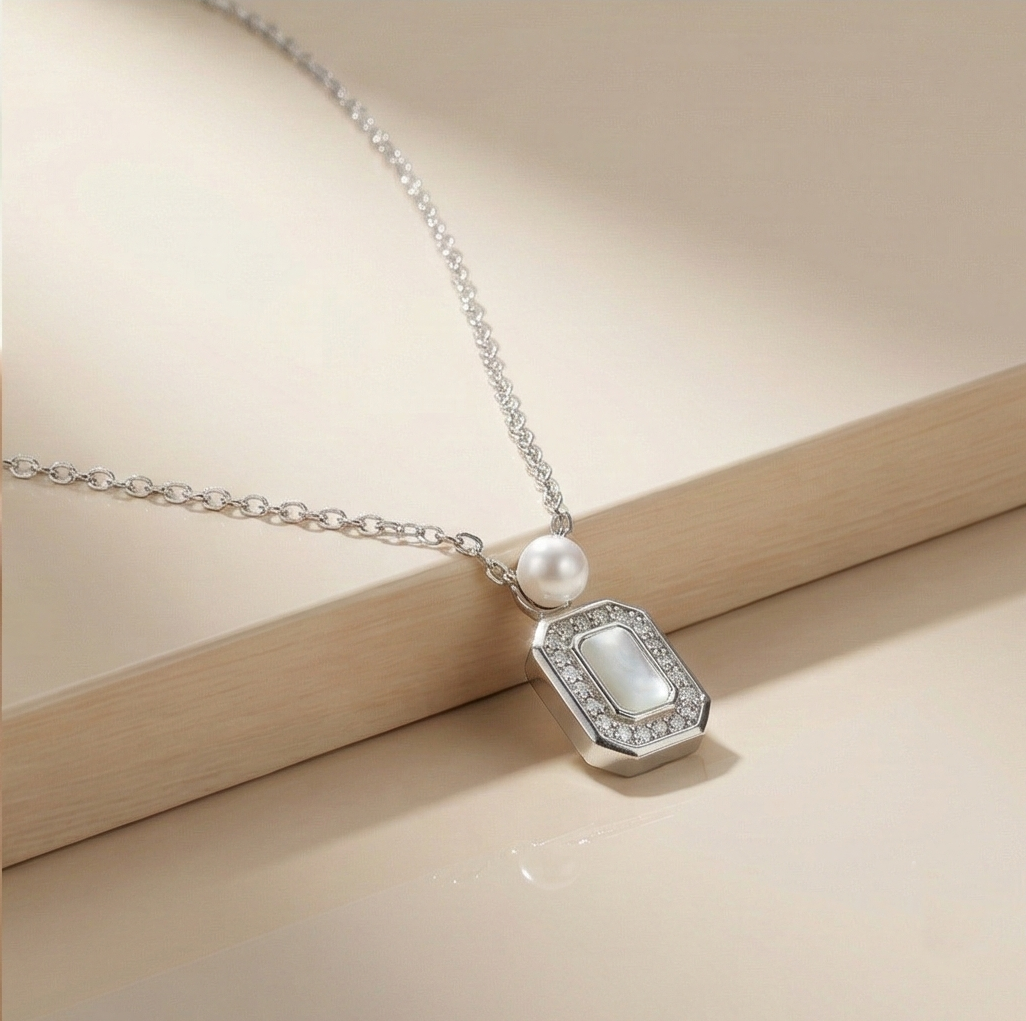 925 Sterling Silver Geometric Rectangular Pendant with Pearl Accent & MOP Inlay Jewellery for Women