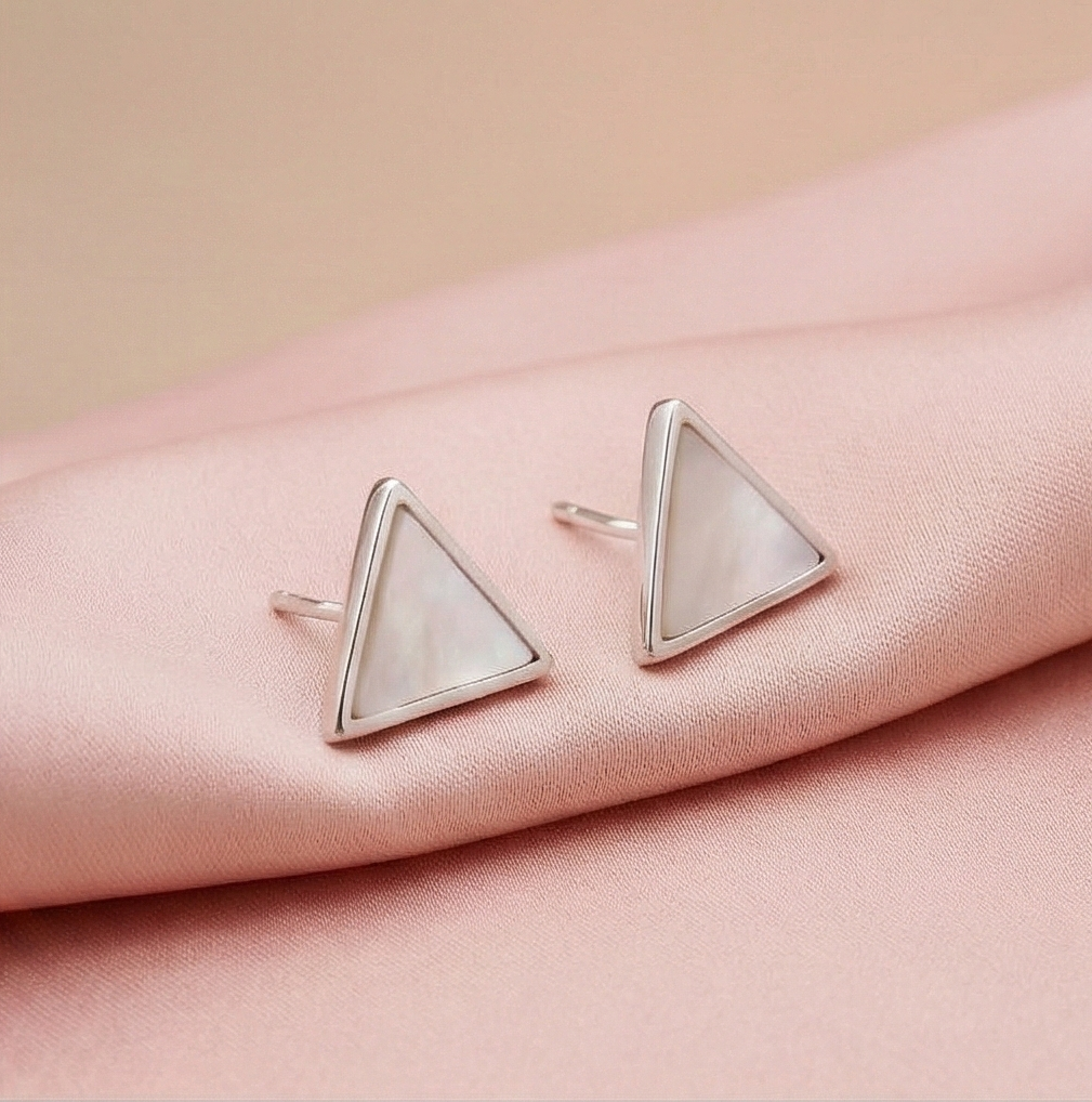 925 Sterling Silver Geometric Triangle Stud Earrings Mother of Pearl Inlay Jewellery