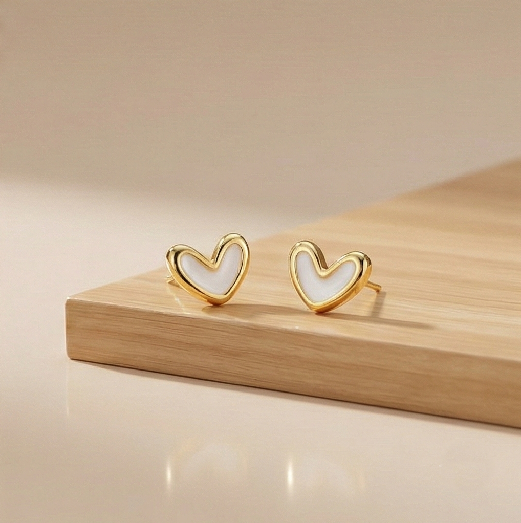 925 Sterling Silver White Heart Stud Earrings Gold Plated Jewellery for Women