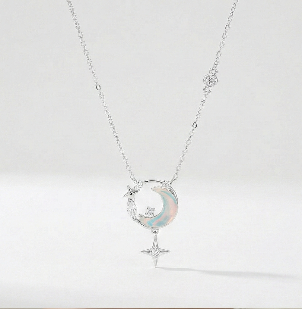 925 Sterling Silver Crescent Moon and Star Necklace Rhodium Plated Jewellery for Women