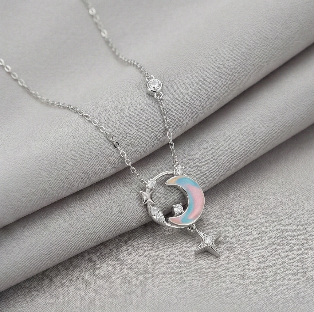925 Sterling Silver Crescent Moon and Star Necklace Rhodium Plated Jewellery for Women