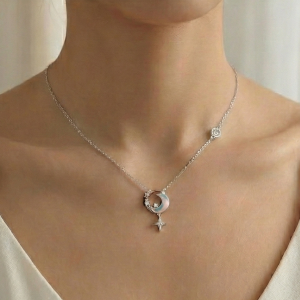 925 Sterling Silver Crescent Moon and Star Necklace Rhodium Plated Jewellery for Women
