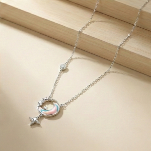 925 Sterling Silver Crescent Moon and Star Necklace Rhodium Plated Jewellery for Women