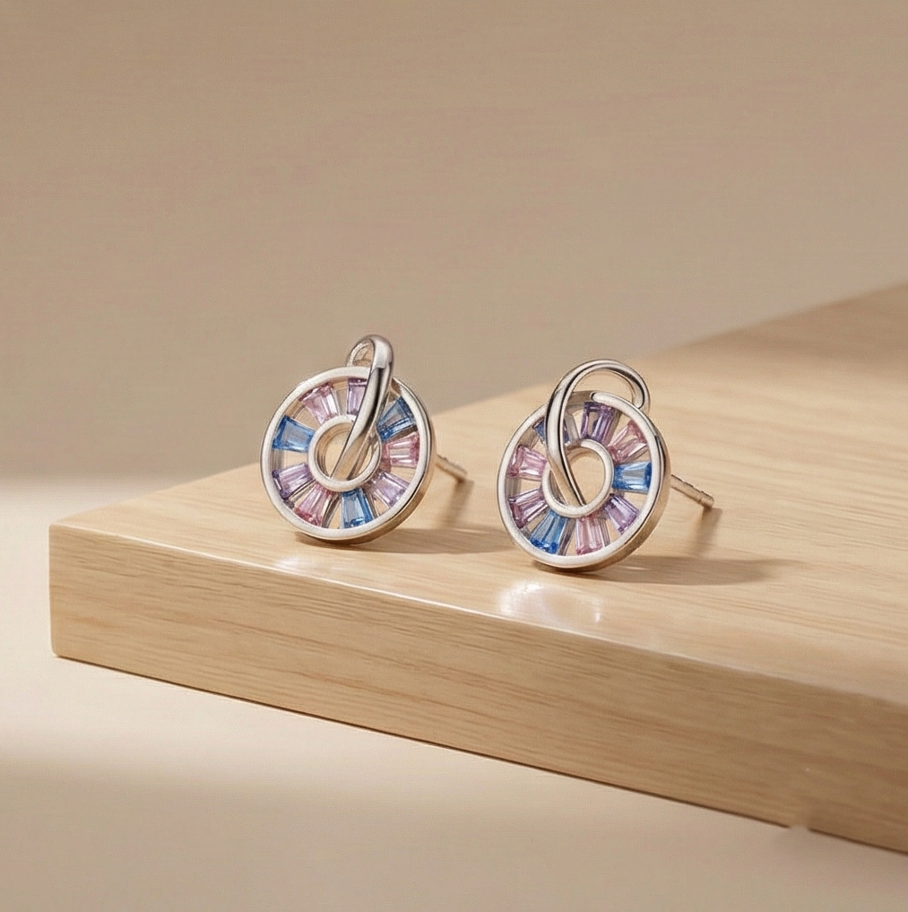 925 Sterling Silver Multi Color Geometric Stud Earrings Rhodium Finish Jewellery for Women