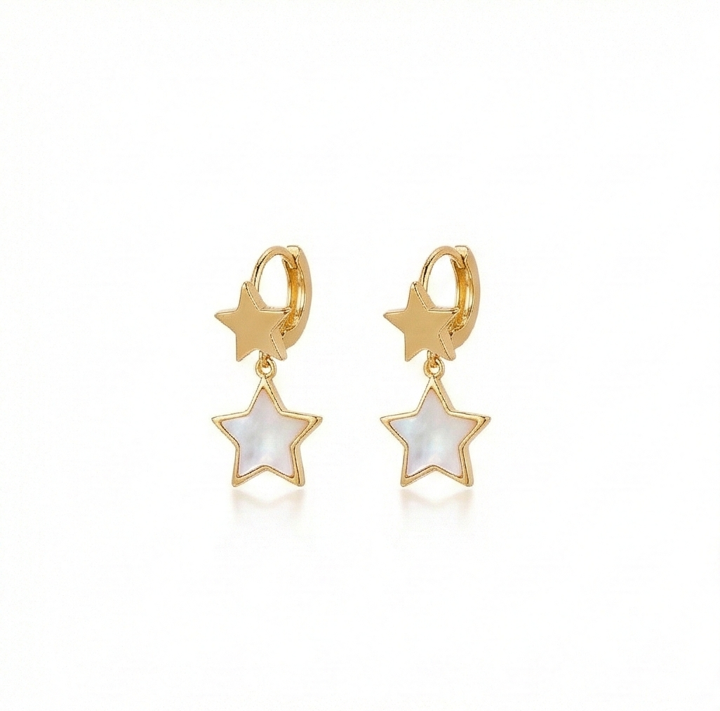 925 Sterling Silver Double Star Dangle Hoop Earrings Gold Plated Celestial Jewellery
