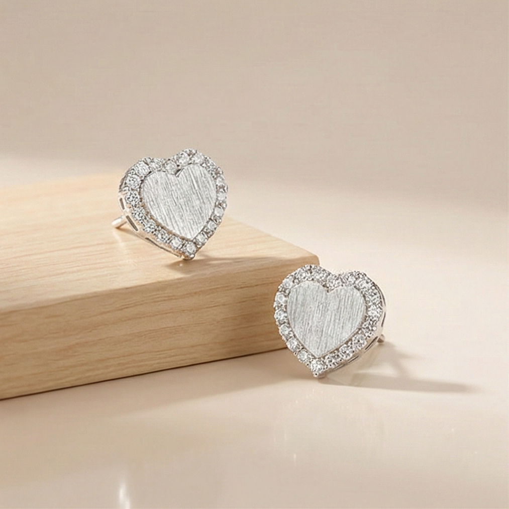 925 Sterling Silver Textured Heart Stud Earrings Rhodium Finish Jewellery for Women
