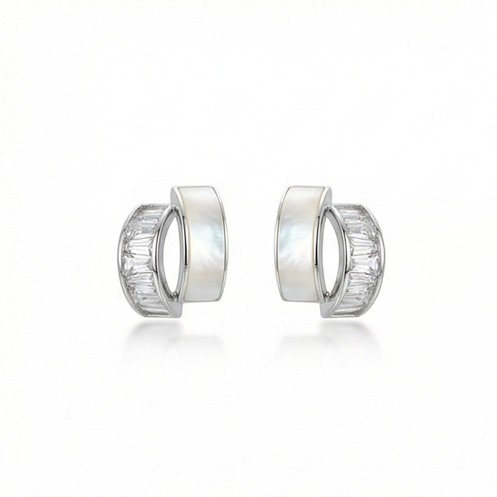 925 Sterling Silver Split Design Stud Earrings Mother of Pearl Inlay Rhodium Plated Jewellery