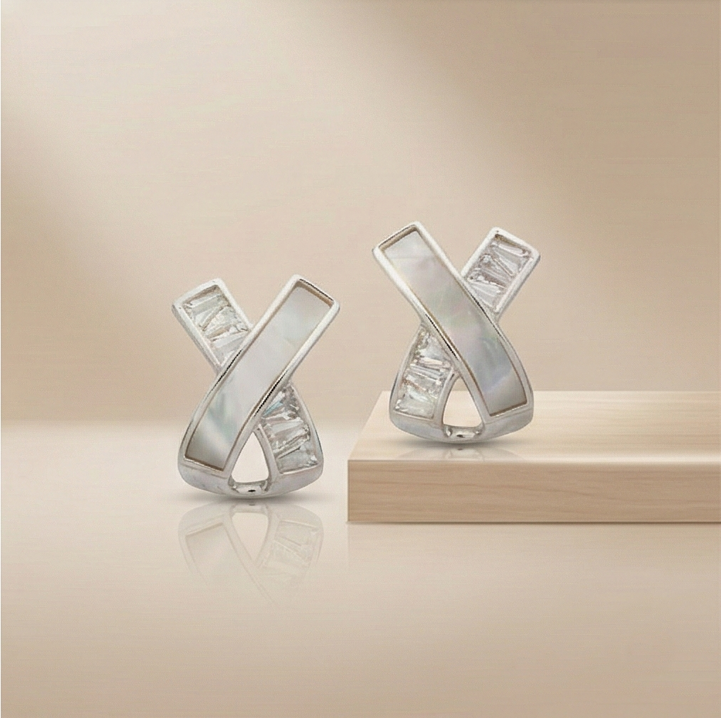 925 Sterling Silver Criss Cross Stud Earrings Mother of Pearl Jewellery for Women