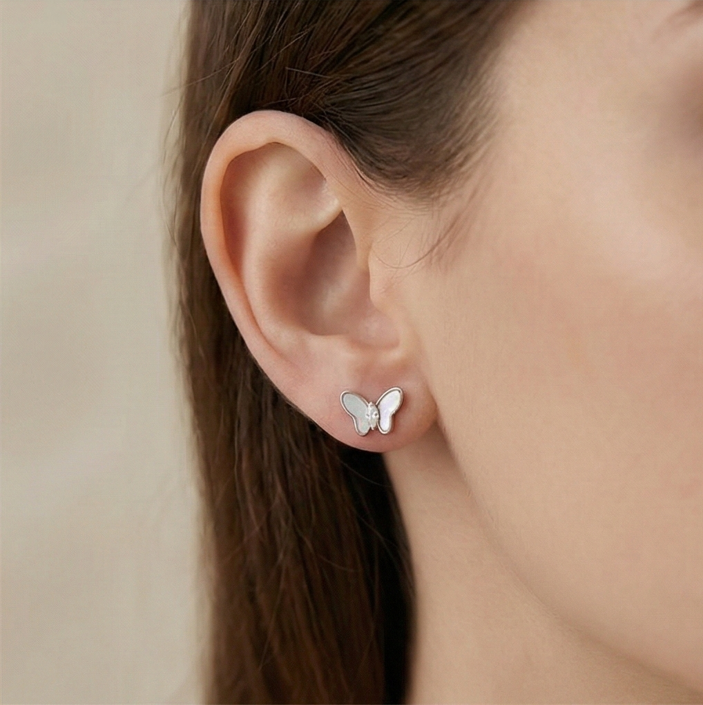 925 Sterling Silver Butterfly Stud Earrings Mother of Pearl Inlay Jewellery