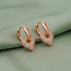925 Sterling Silver Pave Heart Charm Huggie Earrings Rose Gold Plated Jewellery