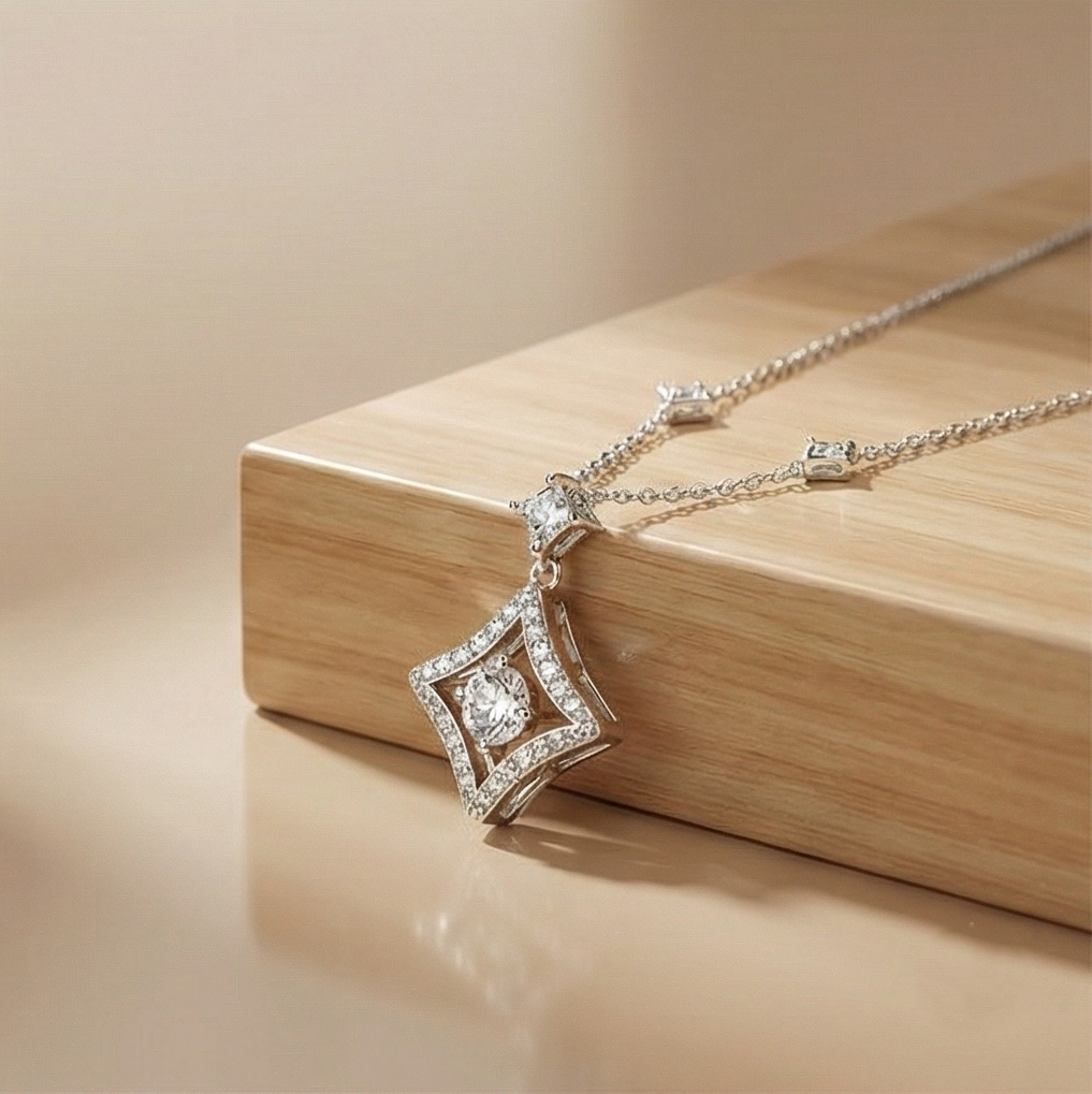 925 Sterling Silver Geometric Pendant Necklace Rhodium Plated Jewellery for Women