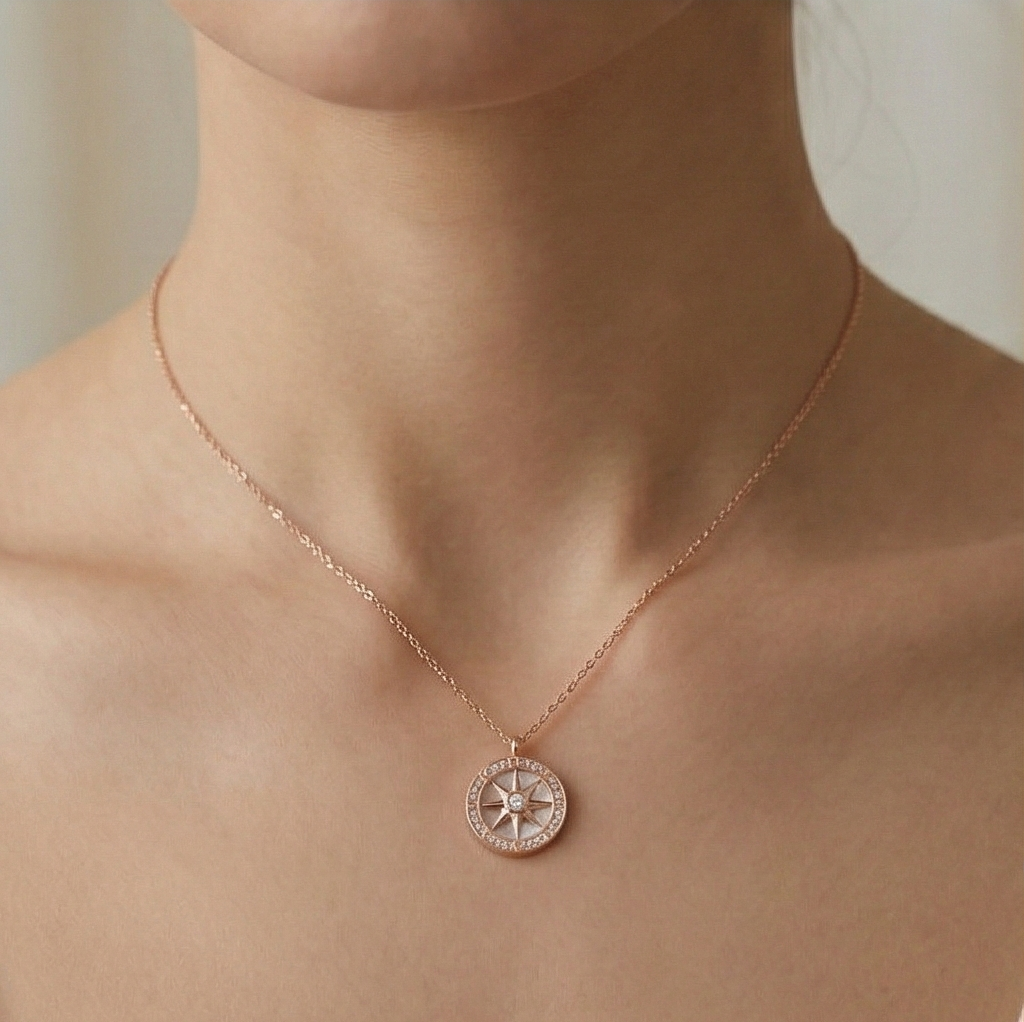925 Sterling Silver Compass Pendant Necklace Rose Gold Plated Jewellery for Women
