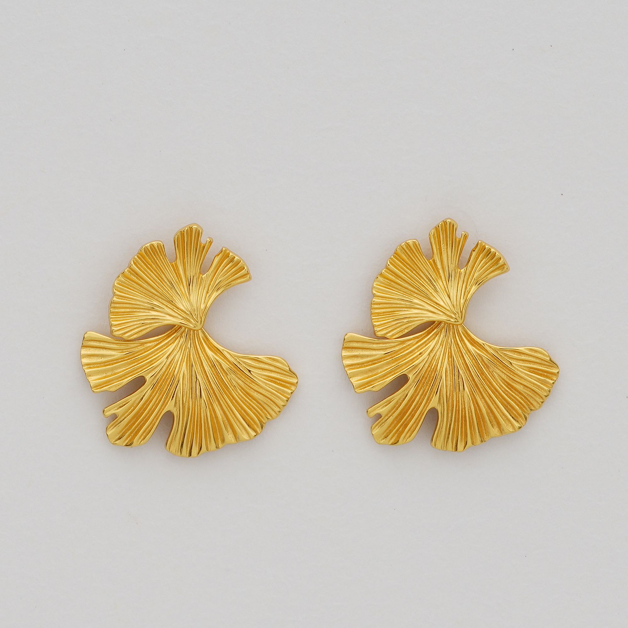 925 Sterling Silver Textured Ginkgo Leaf Stud Earrings Gold Plated Statement Jewellery