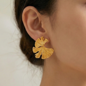 925 Sterling Silver Textured Ginkgo Leaf Stud Earrings Gold Plated Statement Jewellery