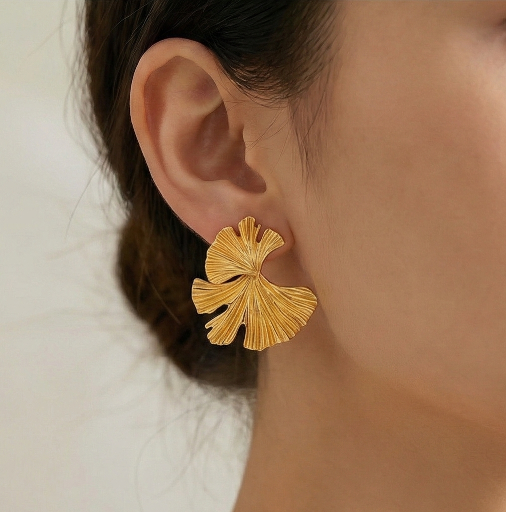 925 Sterling Silver Textured Ginkgo Leaf Stud Earrings Gold Plated Statement Jewellery