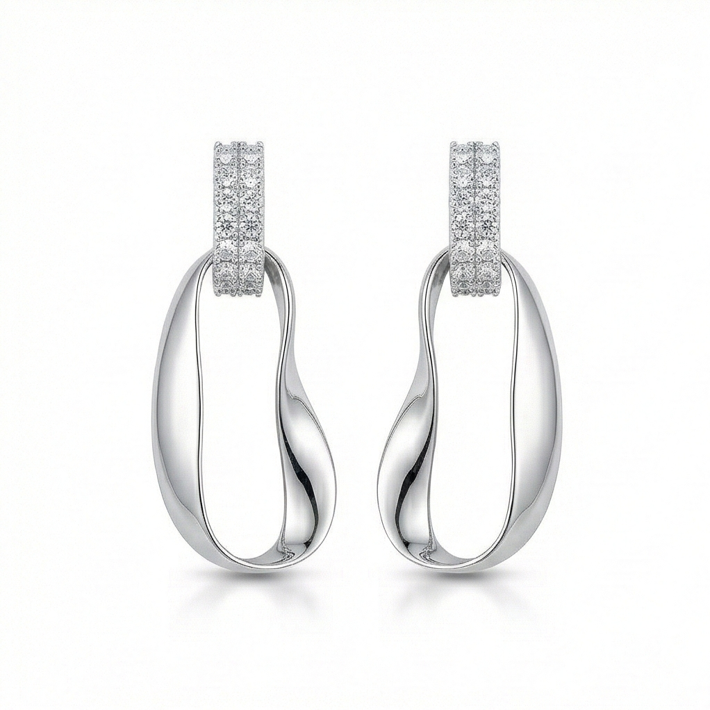 925 Sterling Silver Abstract Oval Drop Earrings High Polish Contemporary Jewellery