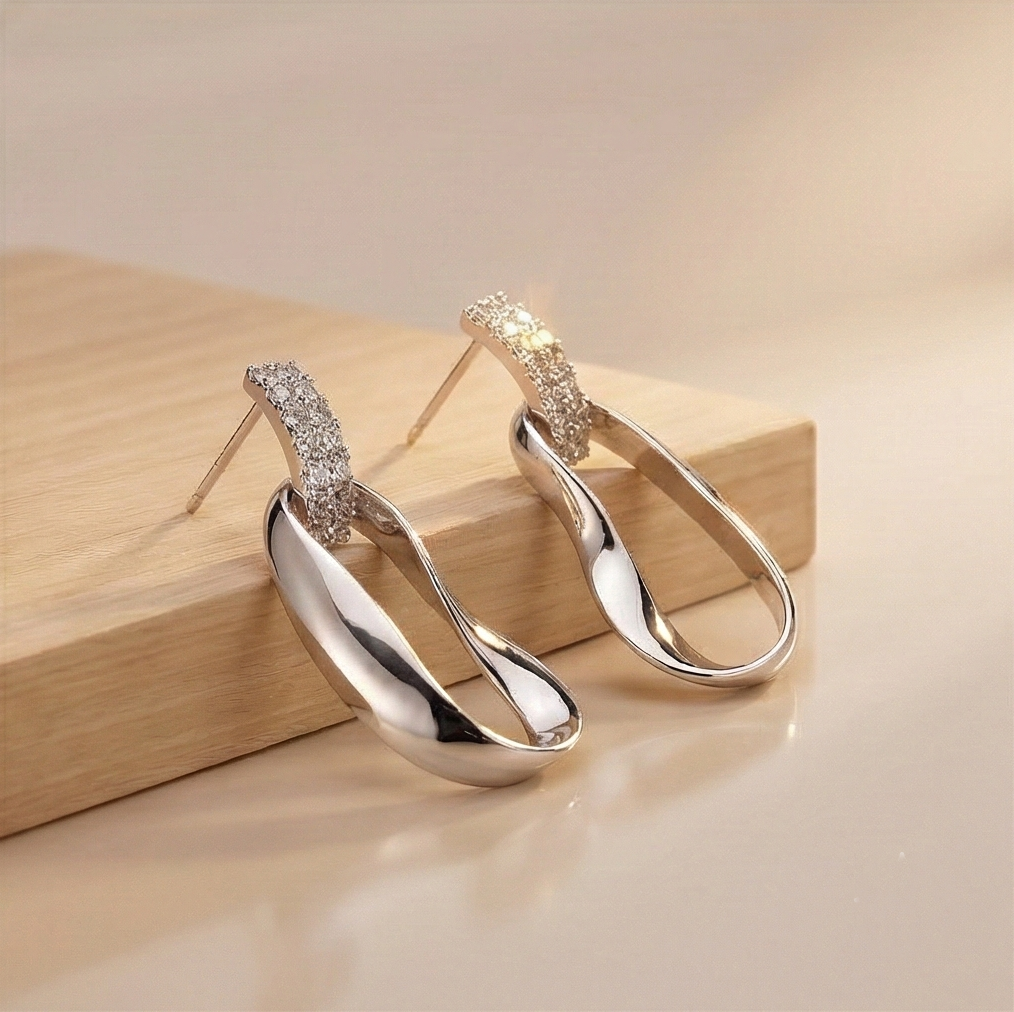 925 Sterling Silver Abstract Oval Drop Earrings High Polish Contemporary Jewellery