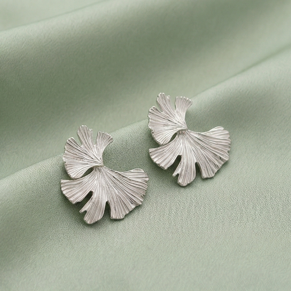 925 Sterling Silver Textured Fan Stud Earrings Platinum Finish Statement Jewellery