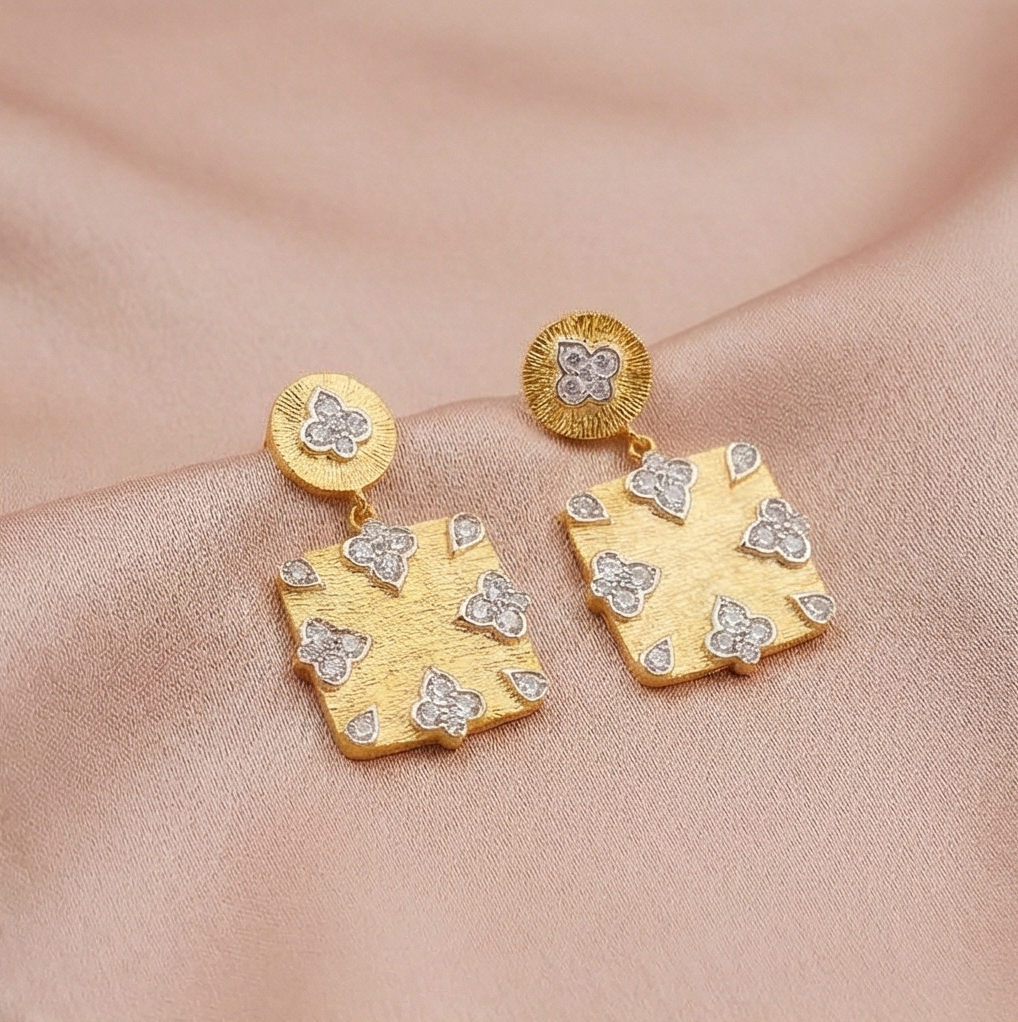 925 Sterling Silver Square Drop Earrings Gold Plated Floral Motif Jewellery