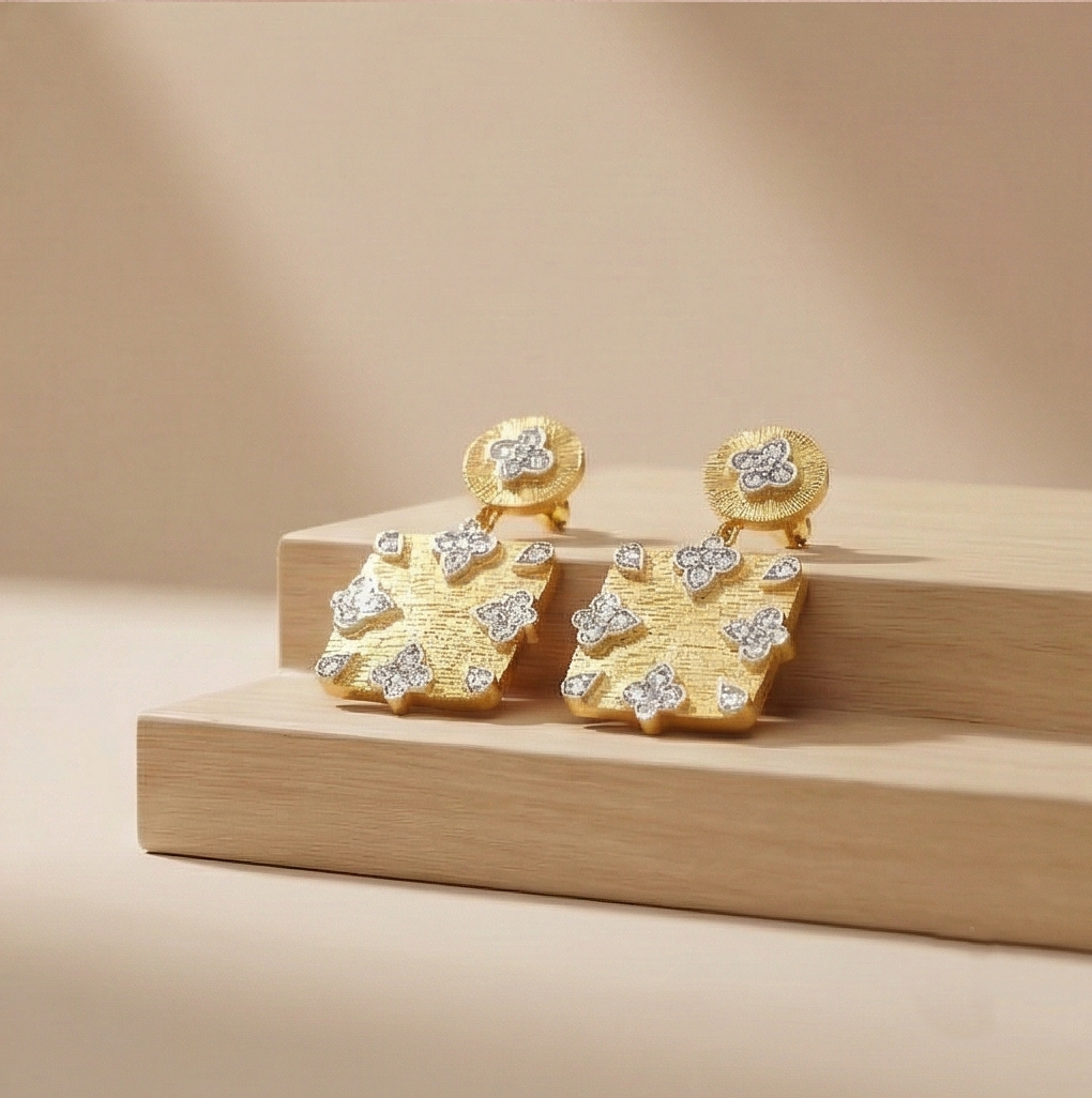 925 Sterling Silver Square Drop Earrings Gold Plated Floral Motif Jewellery
