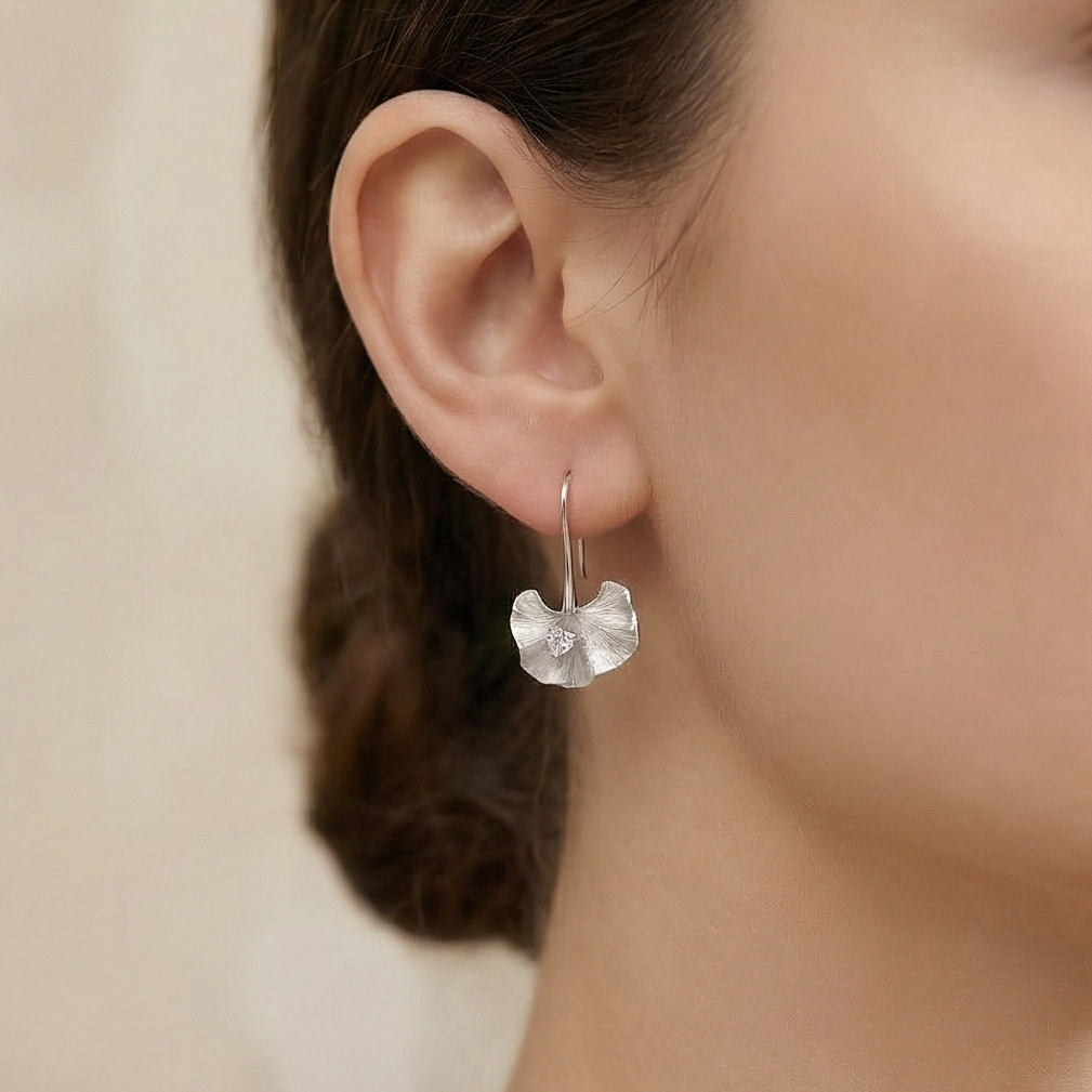 925 Sterling Silver Ginkgo Leaf Drop Earrings Textured Platinum Finish Jewellery