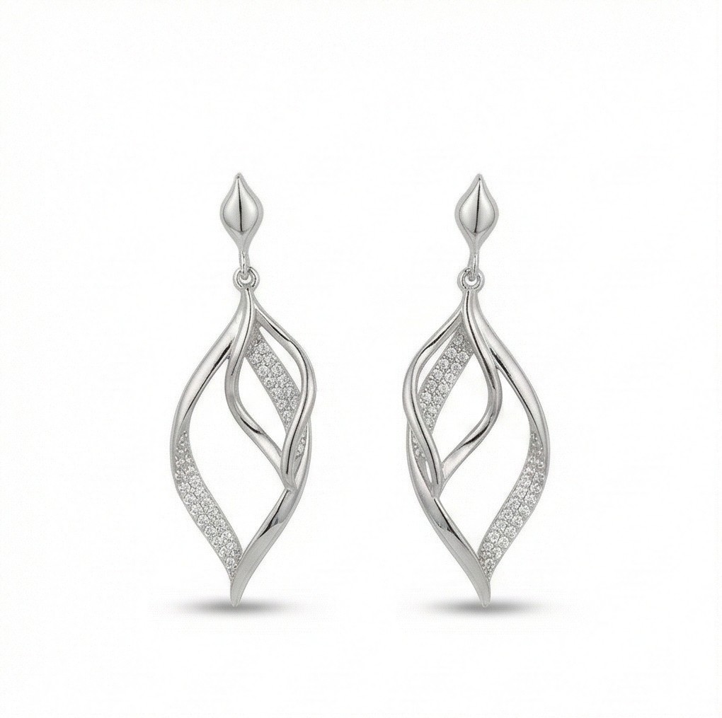 925 Sterling Silver Twisted Leaf Drop Earrings Rhodium Finish Jewellery for Women