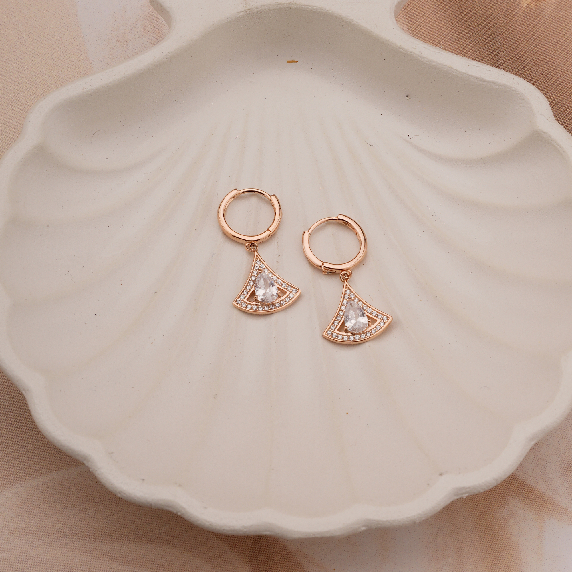 925 Sterling Silver Art Deco Fan Drop Earrings Rose Gold Plated Statement Jewellery