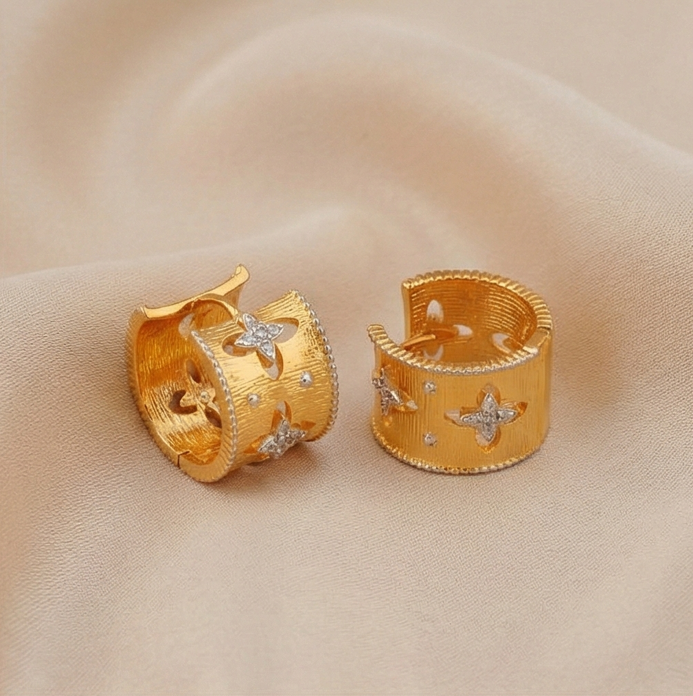 925 Sterling Silver Wide Band Floral Cutout Hoop Earrings Gold Plated Jewellery