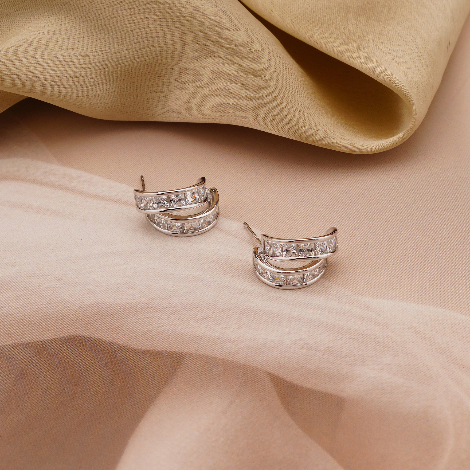 925 Sterling Silver Double Row Hoop Earrings Platinum Finish Contemporary Jewellery