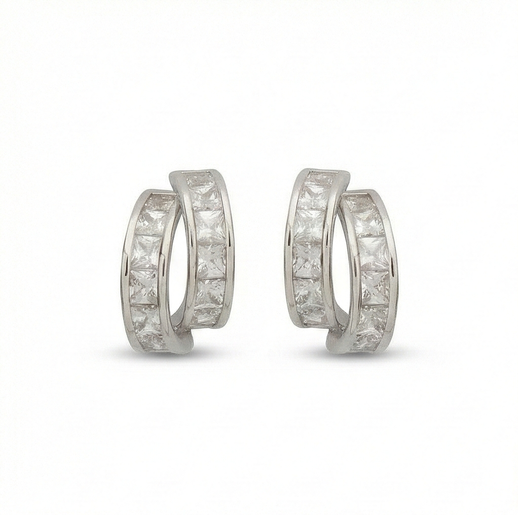 925 Sterling Silver Double Row Hoop Earrings Platinum Finish Contemporary Jewellery