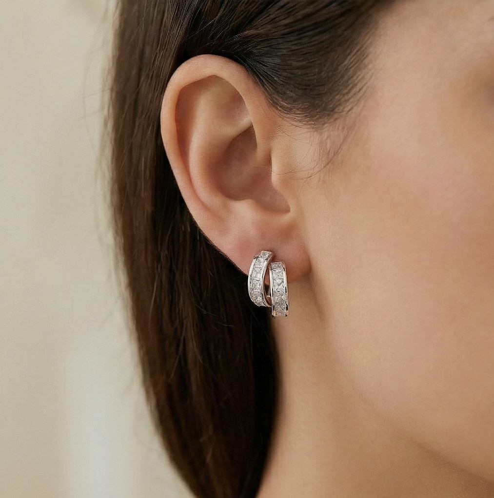 925 Sterling Silver Double Row Hoop Earrings Platinum Finish Contemporary Jewellery